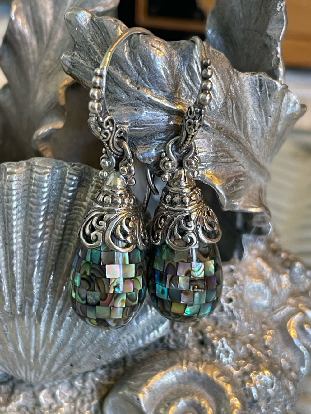 SARDA Abalone Mosaic Sterling Silver Earrings 1.34 inch